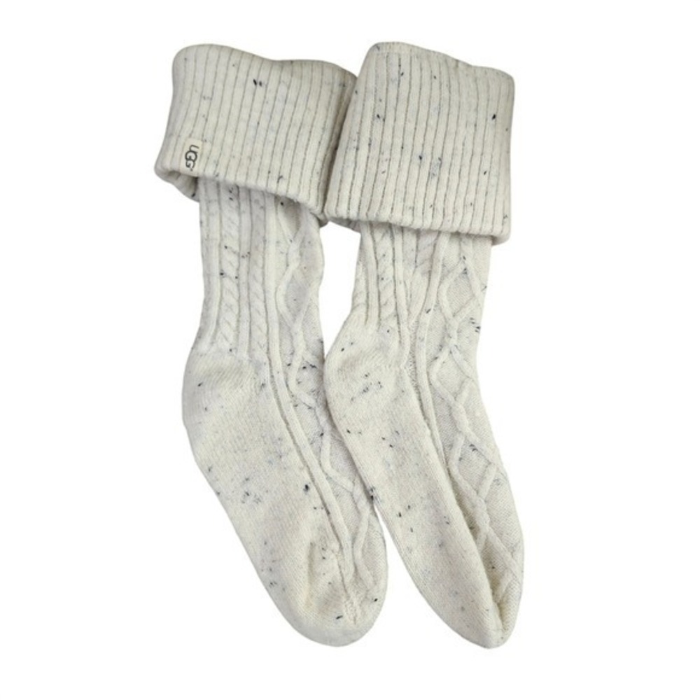 UGG Laila Tall Cable Knit Socks Cream Speckle Fold Over Cuff  Boot Socks‎  LG